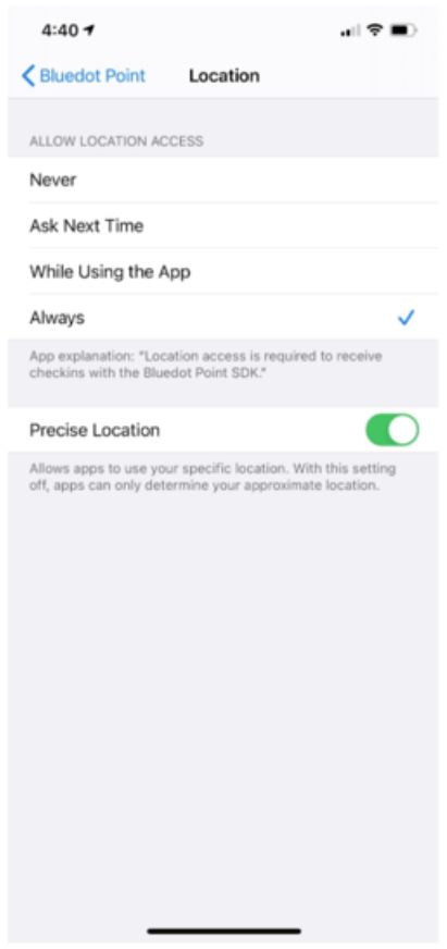 ios14:  screenshot of user settings for location permissions