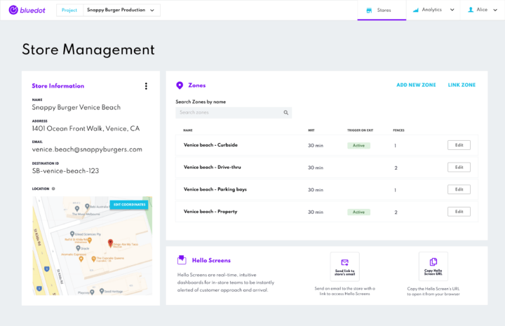 Bluedot Stores Management product dashboard